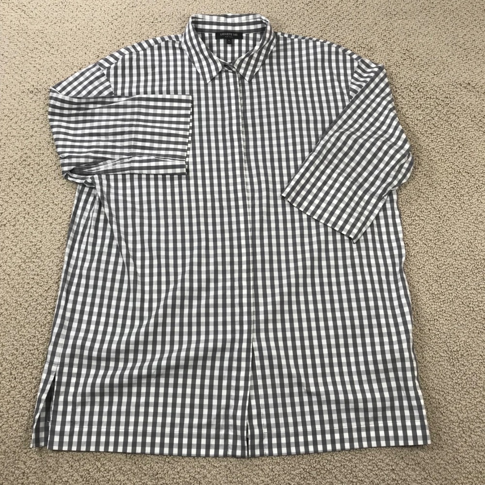 Lafayette 148 New York Grey Gingham Oversized Button Up Shirt XL Cotton Blend - Picture 2 of 8